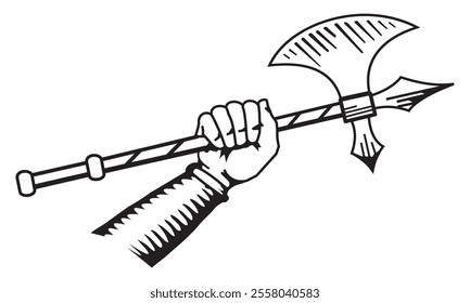 Warrior holding an axe. Medieval weapon. Black and white drawing of a hand and axe