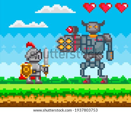 Warrior holding shield and sword standing on green grass. Knight attacks mechanical robot in armor