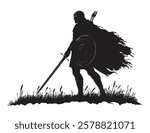A warrior is holding a sword and shield, and is wearing a cape