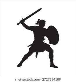 Um guerreiro está segurando uma espada e um escudo, e está usando um vetor de silhueta de capa, Silhuetas de Espartano ou Trojan Antigo Grego Hoplite Warriors vetor

