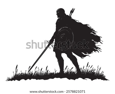 A warrior is holding a sword and shield, and is wearing a cape