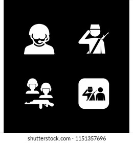 warrior icon. 4 warrior set with soldier, soldiers and a weapon and soldier with gun saluting a man vector icons for web and mobile app