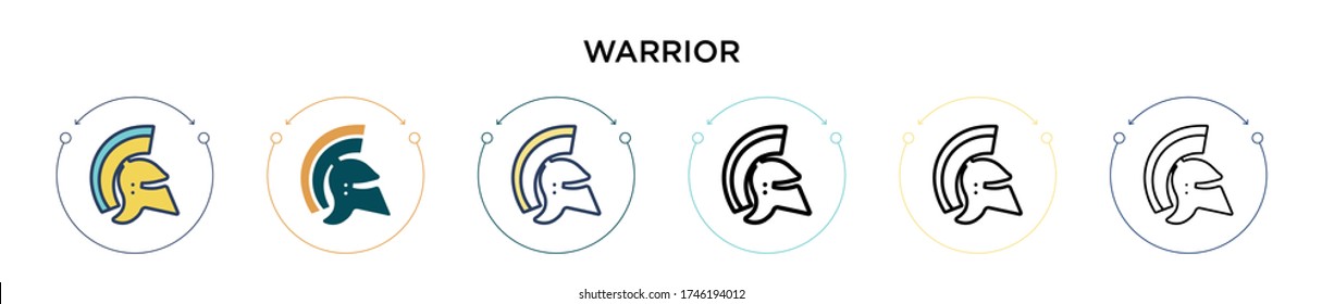 Icono de guerrero en estilo relleno, delgado, contorno y trazo. Ilustración vectorial de dos diseños de iconos vectoriales de guerrero de color y negro se pueden utilizar para móviles, ui, web