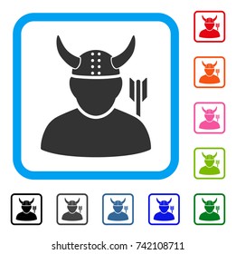 Warrior icon. Flat grey iconic symbol inside a light blue rounded frame. Black, gray, green, blue, red, orange color additional versions of Warrior vector. Designed for web and application UI.