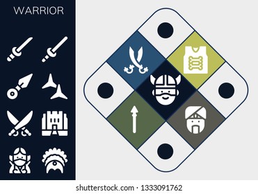 warrior icon set. 13 filled warrior icons.  Simple modern icons about  - Viking, Ninja, Headdress, Saber, Medieval, Kunai, Shuriken, Katana, Sword, Armor, Sabers, Spear, Indian