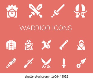 warrior icon set. 14 filled warrior icons. Included Indian, Swords, Sword, Mace, Wushu, Saber, Ninja, Spear, Kunai icons