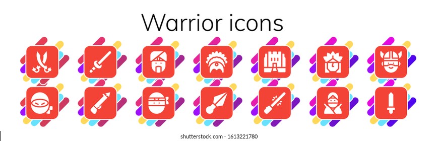 warrior icon set. 14 filled warrior icons. Included Sabers, Ninja, Sword, Spear, Indian, Headdress, Kunai, Medieval, Saber, Viking icons