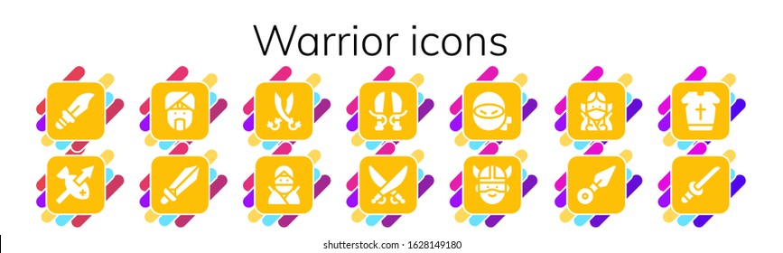 warrior icon set. 14 filled warrior icons. Included Dagger, Spear, Indian, Sword, Sabers, Ninja, Saber, Viking, Kunai, Armour, Katana icons