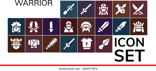 warrior icon set. 19 filled warrior icons.  Simple modern icons about  - Saber, Indian, Viking, Ninja, Mace, Sword, Armour, Kunai, Headdress, Dagger, Samurai, Katana, Spear
