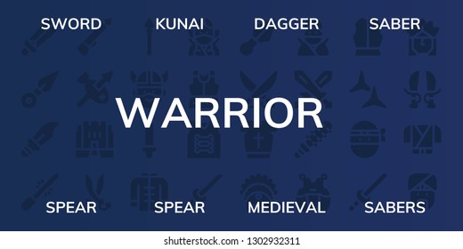  warrior icon set. 32 filled warrior icons. on blue background style Simple modern icons about  - Sword, Kunai, Dagger, Saber, Spear, Medieval, Sabers, Viking, Wushu, Ninja, Armour