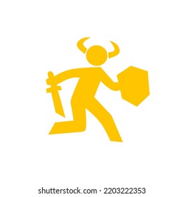Krieger-Symbol mit Schwert und Schild, einfache Illustration von Menschen, die mit Vektorsymbol für Webdesign kämpfen einzeln auf weißem Hintergrund