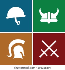 warrior icons set. Set of 4 warrior filled icons such as knight, helmet, war helmet