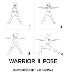 Warrior II Pose Yoga Manga Tutorial How Cartoon Vector Illustration Black and White