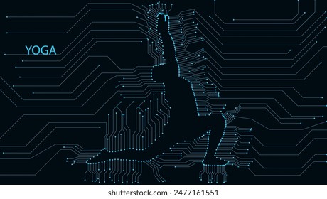 Warrior II Yoga Pose Silhouette Connecting Mind and Body with Circuit Board Background. The person is in Warrior II pose, also known as Virabhadrasana II.Yoga is said to improve physical  health.