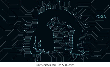  Warrior II Yoga Pose Silhouette Connecting Mind and Body with Circuit Board Background. The person is in Warrior II pose, also known as Virabhadrasana II.Yoga is said to improve physical health.