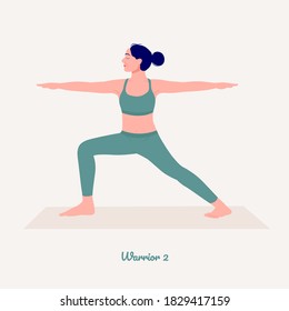 Warrior II. Young woman practicing Yoga pose. Woman workout fitness, aerobic and exercises. Vector Illustration.