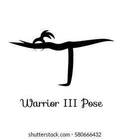 Warrior III Pose, Virabhadrasana III. Yoga Position. Vector Silhouette Illustration. Vector graphic design or logo element for spa center, studio, poster. Yoga retreat. Black. Isolated.