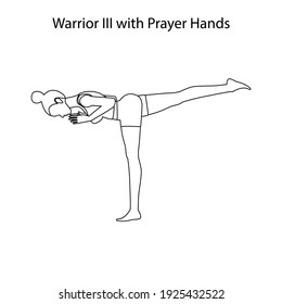 Warrior III with prayer hands pose yoga workout outline on the white background. Vector illustration