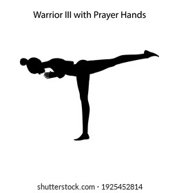 Warrior III with prayer hands pose yoga workout silhouette on the white background. Vector illustration