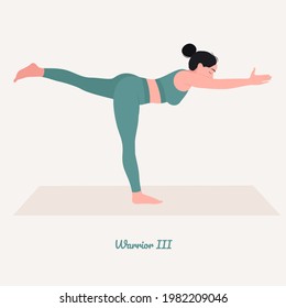 Yoga-Pose des Kriegers III. Junge Frau, die Yogaübungen macht. Frauen trainieren Fitness, Aerobic und Übungen. Vektorgrafik.