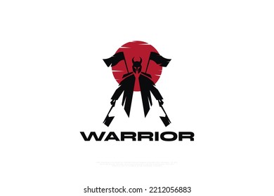 Ilustración guerrera con dos hachas en sus manos y dos banderas en su espalda. Ilustración con el logo de Knight con la Luna Roja detrás. Silhouette de Barbarie