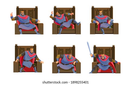 Warrior King character set. A strong, tall, brave king with a sword. Emperor expressions, smile or sad, crying and happy. Cartoon Flat style vector illustration isolated on white background.