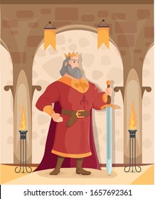 Warrior King. A strong king with a sword on castle background.