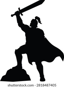 Warrior king with sword, power, courage, battle, rock.