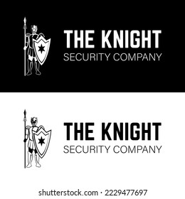 Warrior the knight in armor holding spear and shield for vintage cyber security company logo design