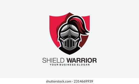 Warrior or knight head with shield protection logo vector template