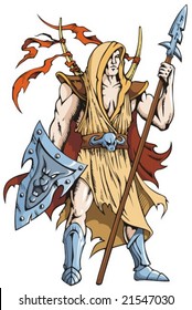 Warrior, knight, holding spear and shield, fantasy character, vector illustration