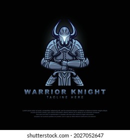 warrior knight holding sword logo illustration with black background design