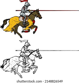 Warrior knight with a long lance on a galloping horse, isolated against white. Hand drawn vector illustration.