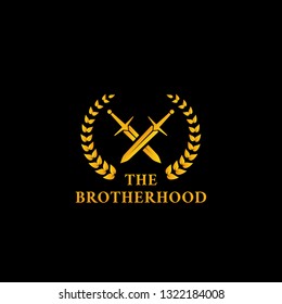 The Warrior Knight Sword Fighter Brotherhood Logo Icon Symbol With Crossed Sword And Laurel Wreath In Gold Color Illustration