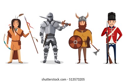 Warrior knight with sword and viking soldier, english rifleman and indian, native american warrior with bow and arrow. Cartoon norwegian characters, sword fighter, ancient war or history theme