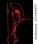 Warrior legionary soldier with spear. Vector illustration in red colors on a black background. The image illustrates a Spartan warrior, symbolizing discipline, strength and devotion.