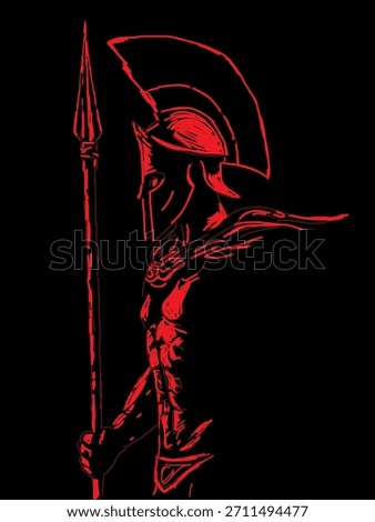 Warrior legionary soldier with spear. Vector illustration in red colors on a black background. The image illustrates a Spartan warrior, symbolizing discipline, strength and devotion.