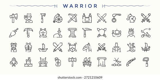 Warrior linear icon collection. Contains such icons as navy, army, weapon, soldier, army and more. Military modern icon set. Icons for UI designs. Editable stroke. Vector illustration.