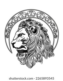 Warrior lion for line-work tattoo in Art nouveau style.