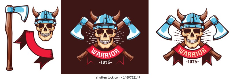 Warrior logo with skull in Viking helmet and crossed battle axes. Vector illustration.