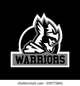 Warrior logo. Viking invader knight. Face in profile. Black and white color sticker. Vector illustration. Flat style