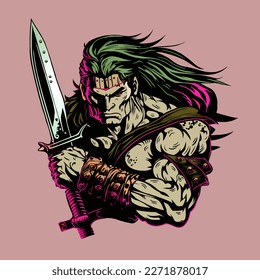 Warrior With Long Hair And Sword Illustration Vector Artwork