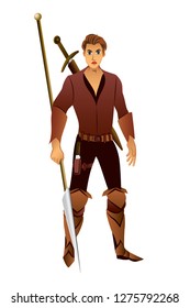 Warrior man with holding spear and sword isolated white background in vector illustartion