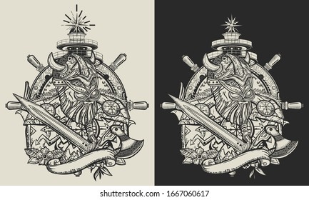 Warrior man. Scandinavian culture. Valhalla art. Northern history. Bearded viking in armor, lighthouse and steering wheel. Template for clothes, covers, emblems, stickers, poster and t-shirt design 