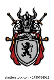 warrior mascot in full armor with shield