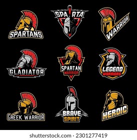 Warrior mascot icons of Spartan and Gladiator soldiers, warrior knight vector emblems. Helmet red plumage of Roman or Greek guardian, Trojan Spartacus, Spartan Centurion and Gladiator warrior badges