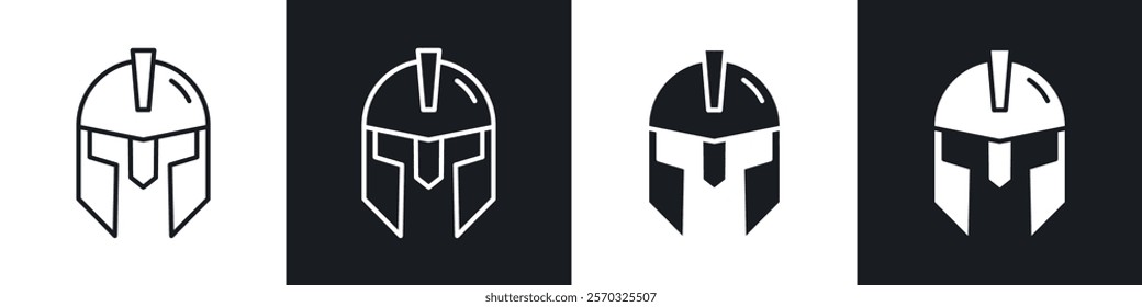 Warrior mask icons vectors set in black. line and flat versions