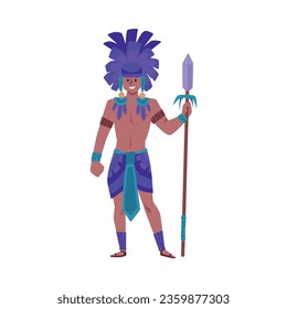 Warrior of Maya civilization, flat vector illustration isolated on white background. Man with spear weapon and traditional clothes with feathers. Culture and traditions of indigenous people.
