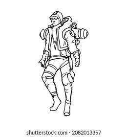 Warrior with medical ability standing ready to fight, outline drawing. Hand drawn game soldier, pen drawn sketch character. Simple first person game hero that every gamer like, single illustration.