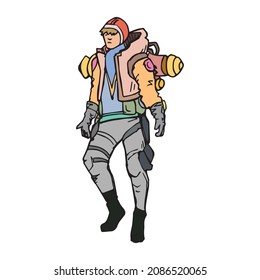 Guerrero con capacidad médica listo para luchar, dibujo de un contorno de color. Soldado dibujado a mano, personaje dibujado con lápiz. Simple héroe de juego en primera persona que a cada jugador le gusta, simple ilustración.
